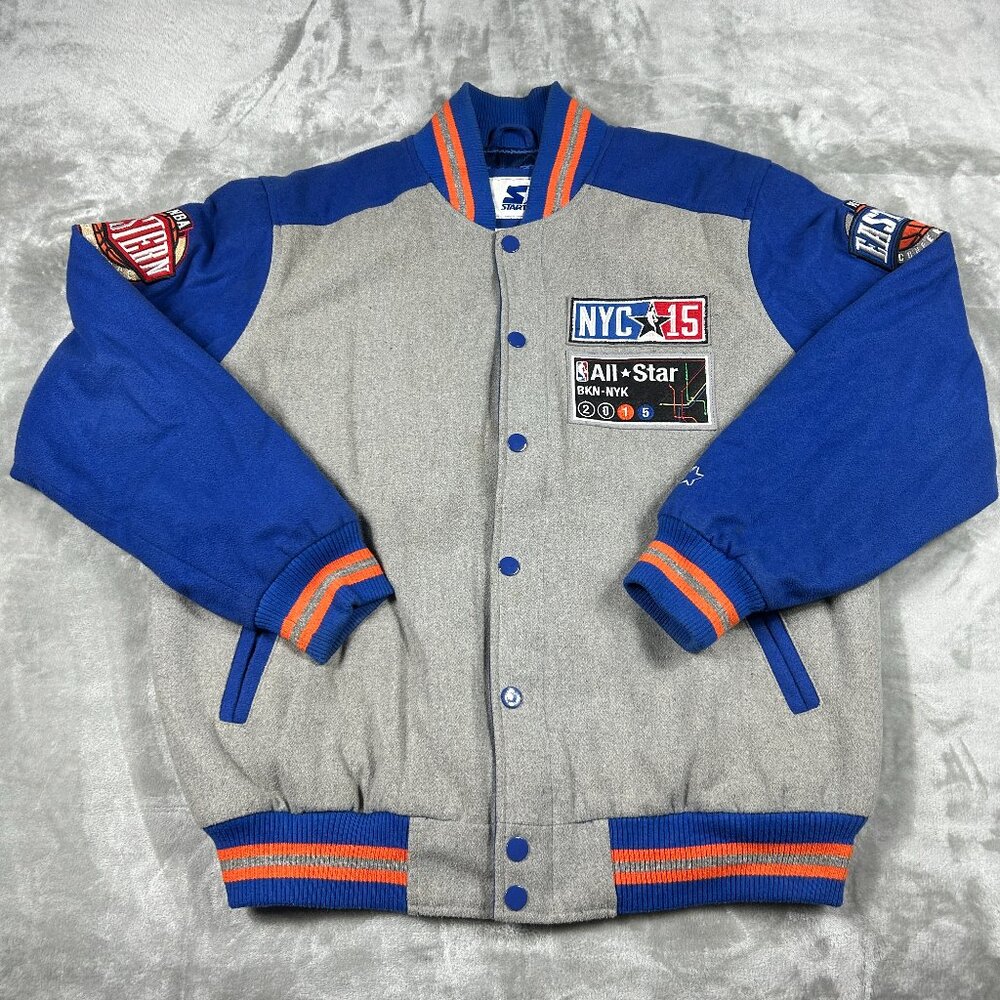 Starter Jacket Men's Large Grey Blue NBA All Star 2015 BKN-NYK Varsity Jacket